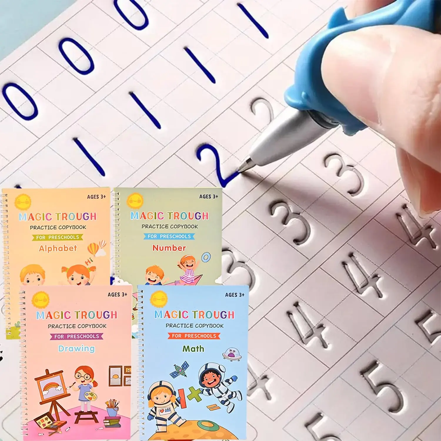 4 Pc Magic Grooved Practice Copybook,Reusable Grooved Writing Books,Handwriting Practice Book for Kids,Writing Practice for Kids Ages 3-8 Calligraphy (4pc+Pen)