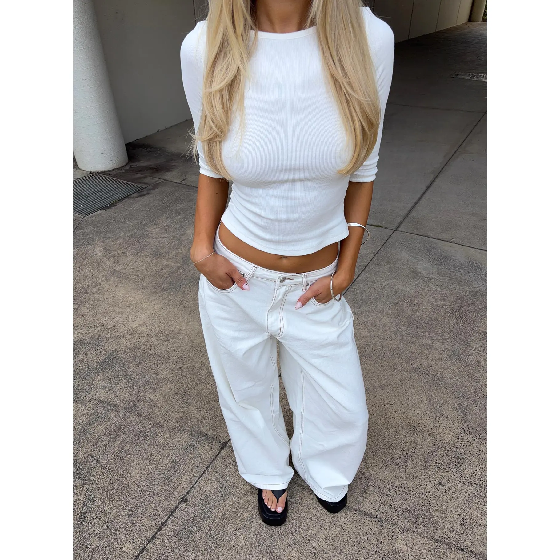 Naylor Mid Rise Wide Leg Jeans Cream Petite