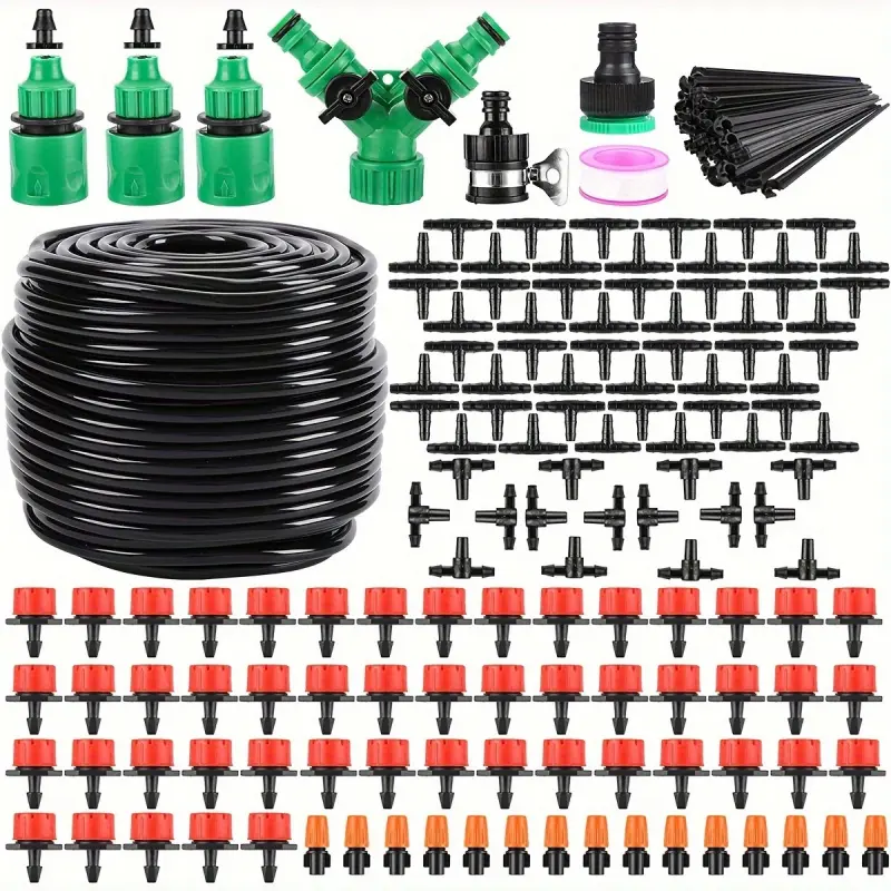 200pcs 164FT Drip Irrigation Kit, Garden Irrigation System, 1/4" Blank Distribution Tubing Watering Drip Kit with Garden Hose Fittings, Automatic Irrigation Equipment for Garden Greenhouse, Flower Bed, Patio and Lawn Plant Watering System
