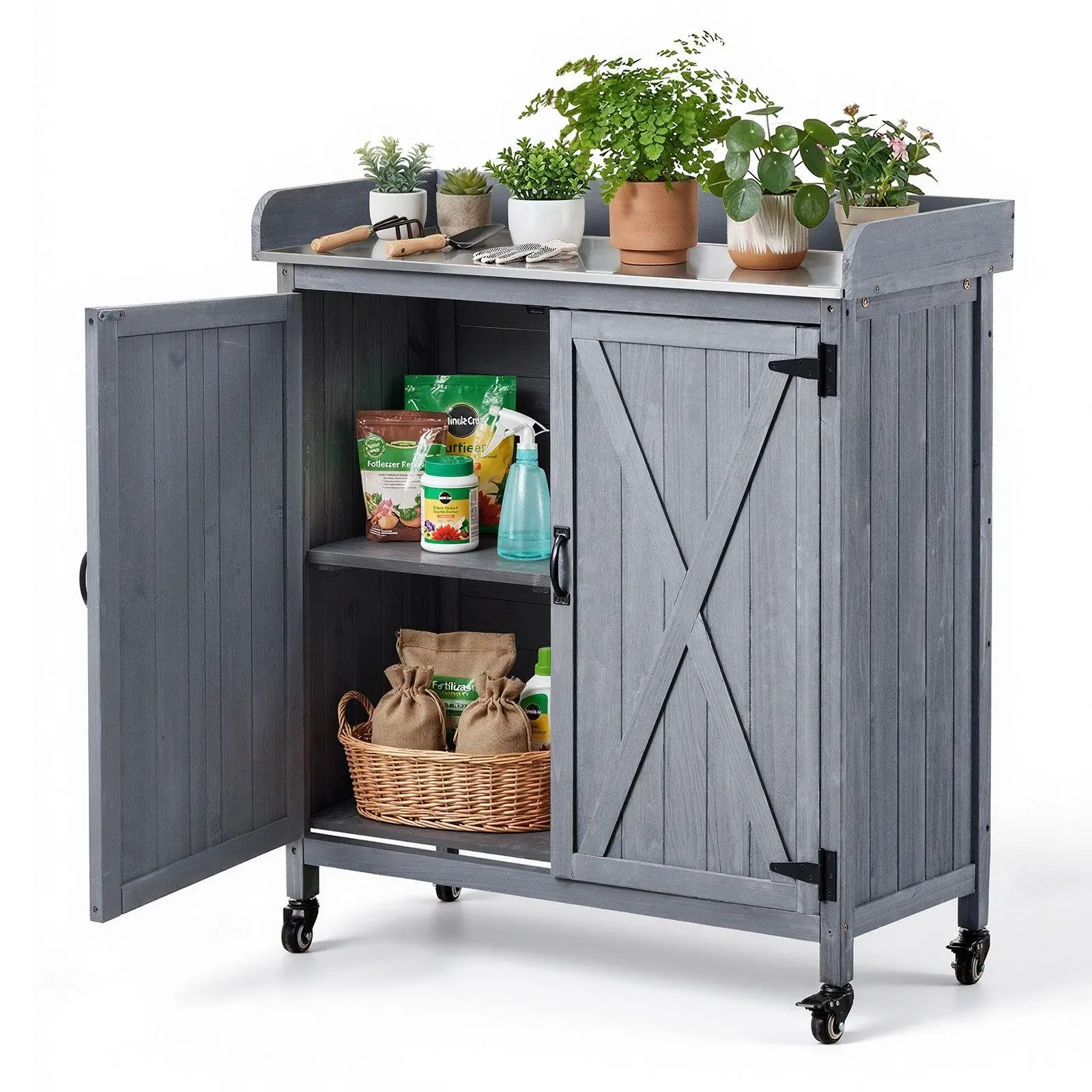 36 x 16 in Outdoor Potting Bench Table, Fir Wood Gardening Storage Cabinet with Galvanized Iron Waterproof Tabletop, Large Closed Storage Space, 4 Universal Rolling Casters, Upright Work Garden Workstation for Patio Backyard Planting