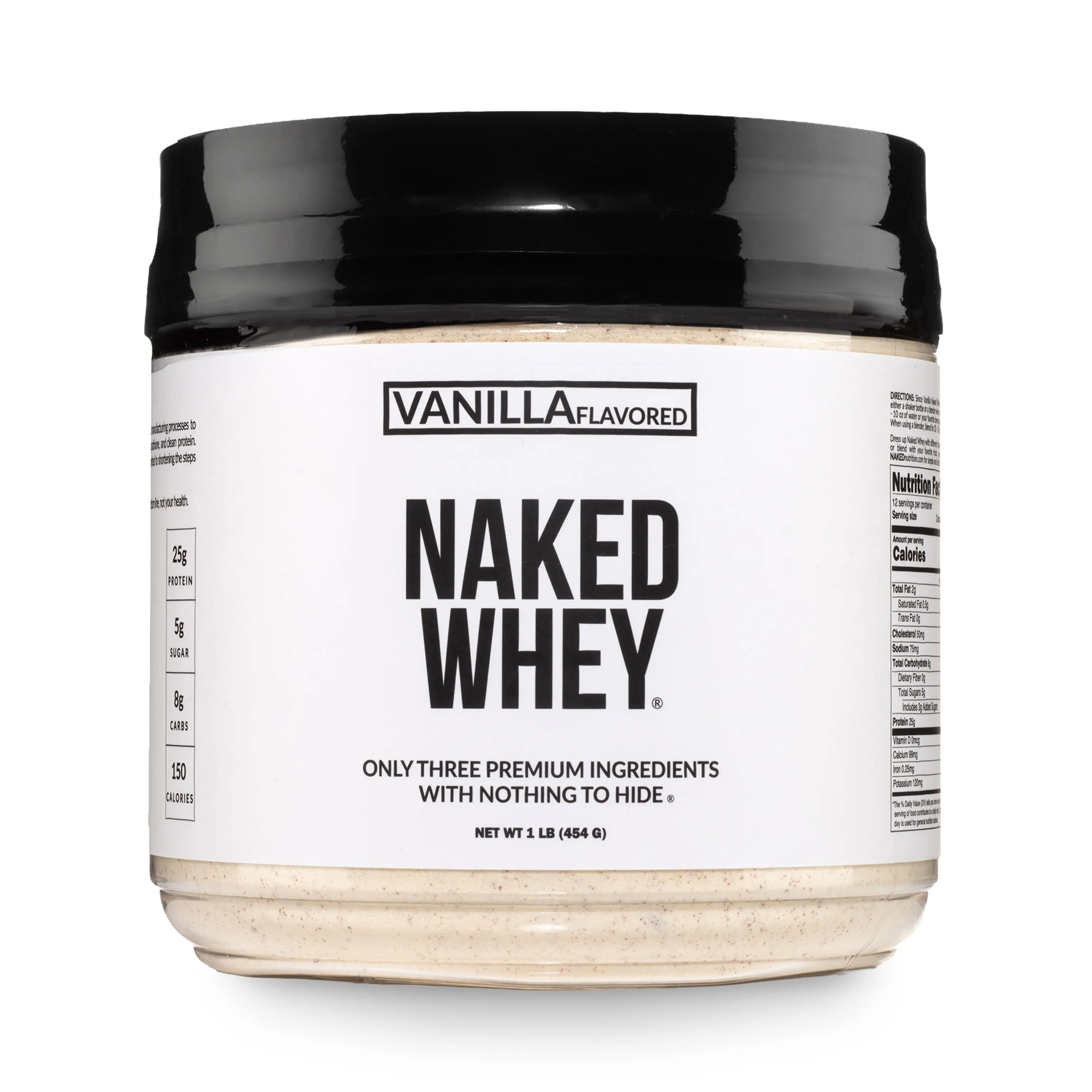 Naked Whey Vanilla Protein Powder - 1LB Grass-Fed, Non-GMO, No Additives, 25g Protein, 5.9g BCAAs - Only 3 Ingredients