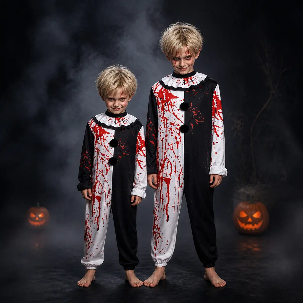 Kid & Adult Polyester Short-Sleeve Clown Costume Jumpsuit Dress - Black & White Scary Killer Cosplay for Family Parent-Child Party, Halloween Activities Outfit