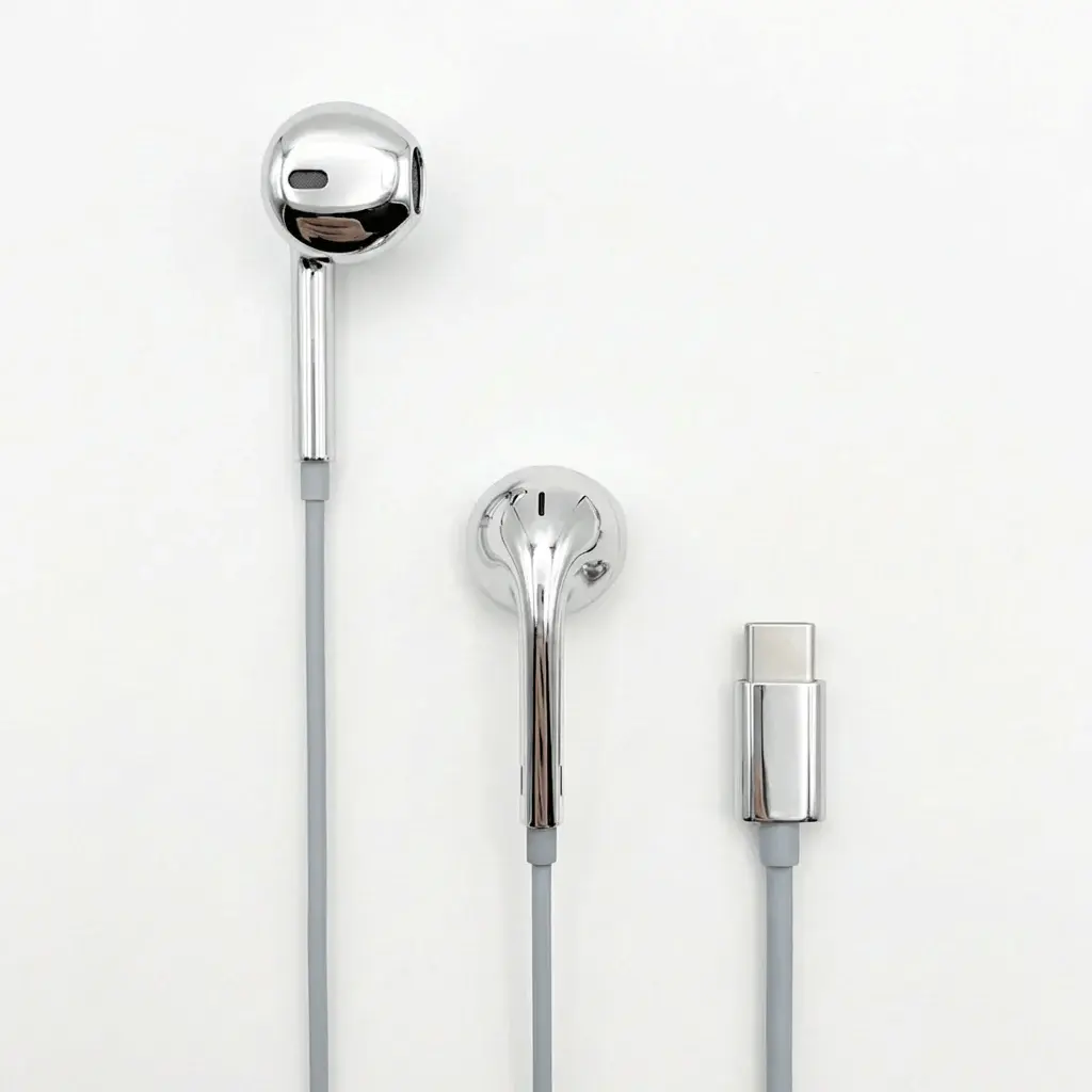 Chrome Finished Wired Earbuds Functional Type - C , Lighting , 3.5mm Trendy y2k