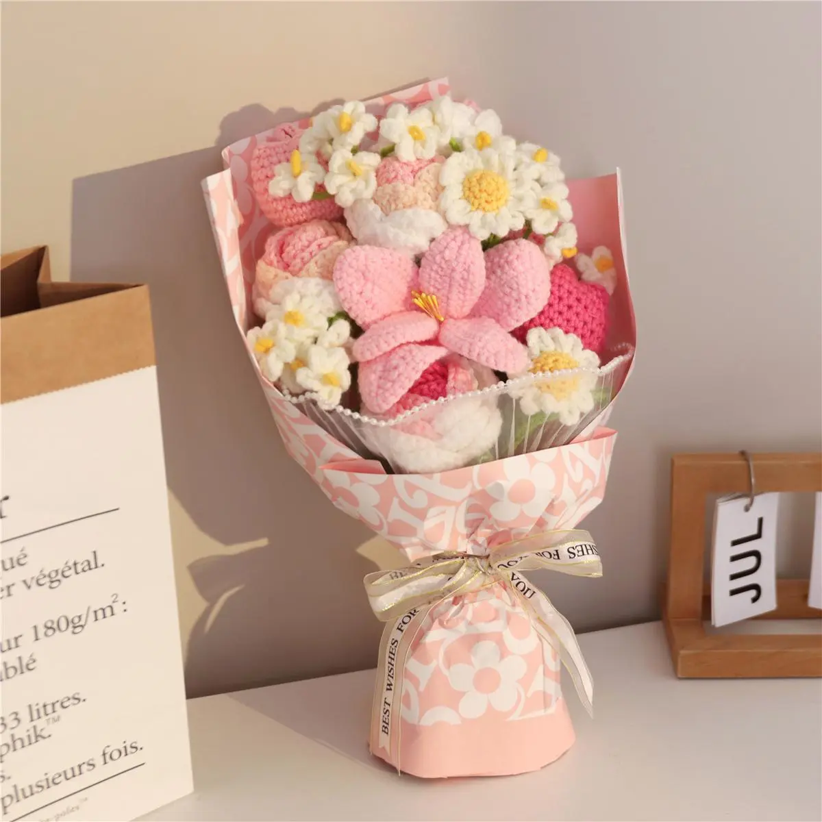 Handmade Woven Pink Floral Artificial Flower Single Bunch - Decorative Bouquets, Gift-Ready Bouquet, Durable Fake Plant Decor with Handmade Charm for Home Decor & Loved Ones (With Bag)