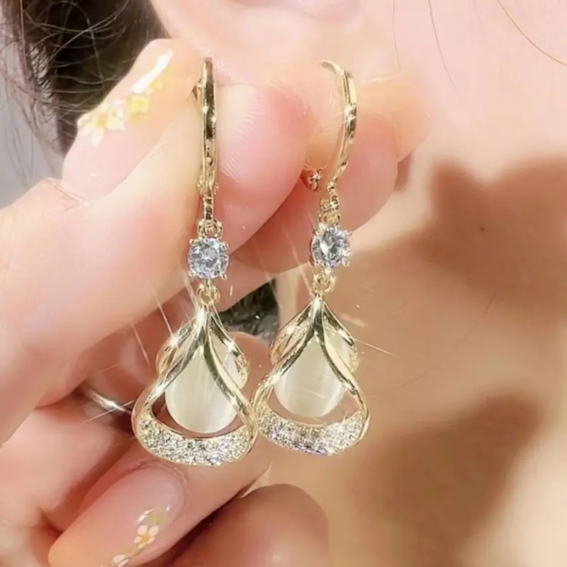 3pairs/ set Luxury Cat Eye Stone Geometric Earrings Water Drop Eardrops Earrings Buckles Earrings - Suitable for Daily Wear and Gift Giving