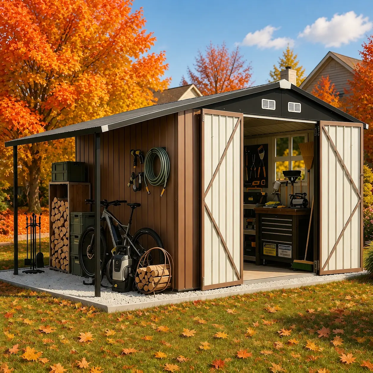 Jolydale Outdoor Storage Shed Metal Lean to Sheds withGazebo,Open Firewood Storage,Garden Shed with LockableDoors,Sloped Roof,Windows, 2 in 1 Large Tool Shed forPatio. Backvard. Lawn