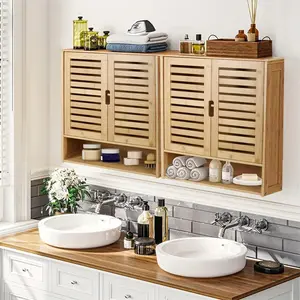 Wall Cabinet Storage Multifunctional Bamboo Wood Bathroom Kitchen Wall Cabinet with 3 Shelves Medicine Storage Organizer
