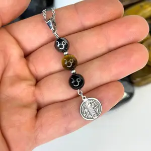 FIMENESS HEMATITE, TIGER EYE AND TOURMALINE 8MM BEAD SAINT BENEDICT CHARM CRYSTAL DROP PENDANT STAINLESS STEEL NECKLACE HAND MADE NON TARNISH JEWELRY
