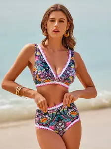 ADOR Women Terylene Embroidered Longline Triangle Bikini Set