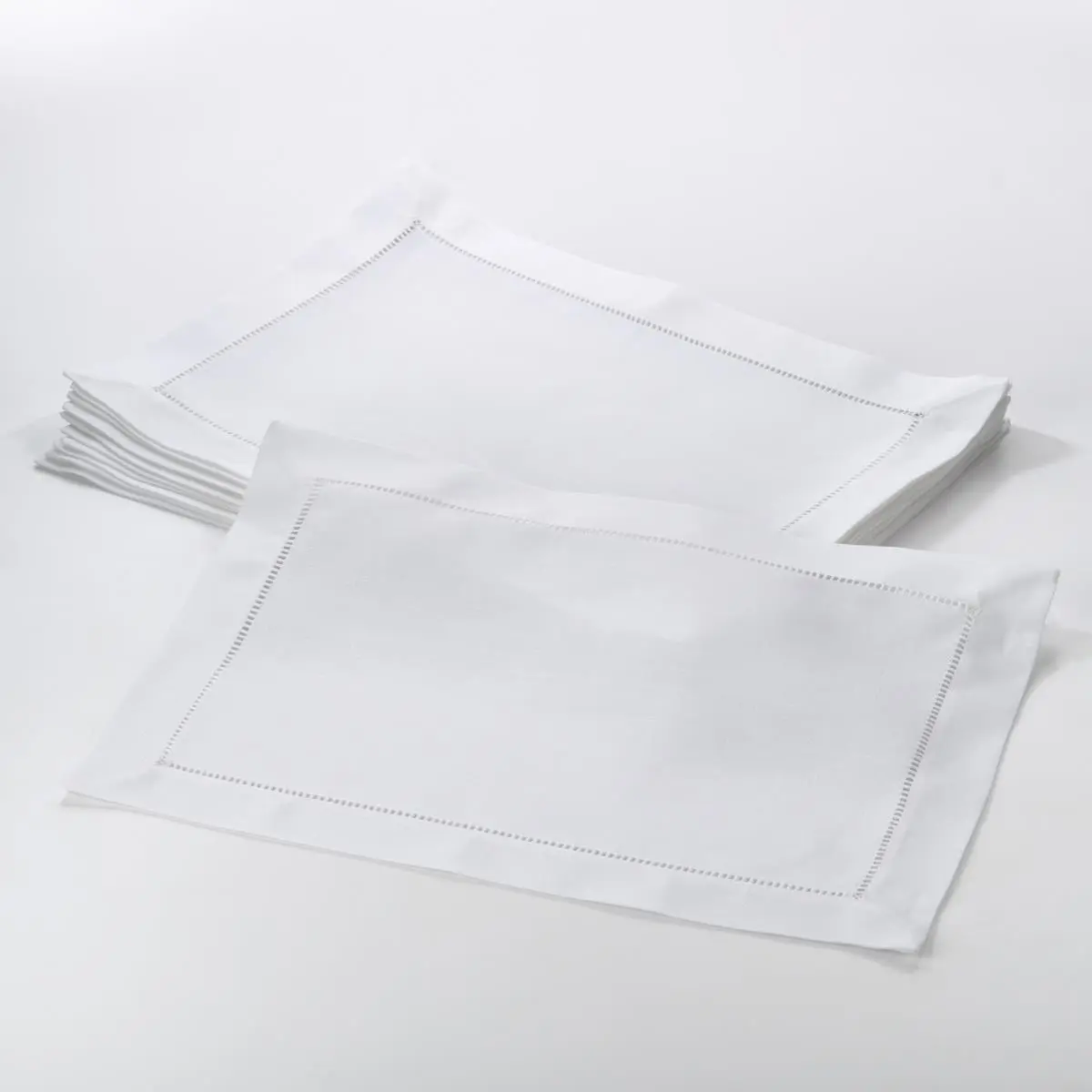 SARO 6300.W1420B Classic Hemstitch Edge Solid Polyester Rectangular Placemats & Coasters - 14x20 in White, Set of 12, for Indoor Family Lunch, Table Top Entertaining