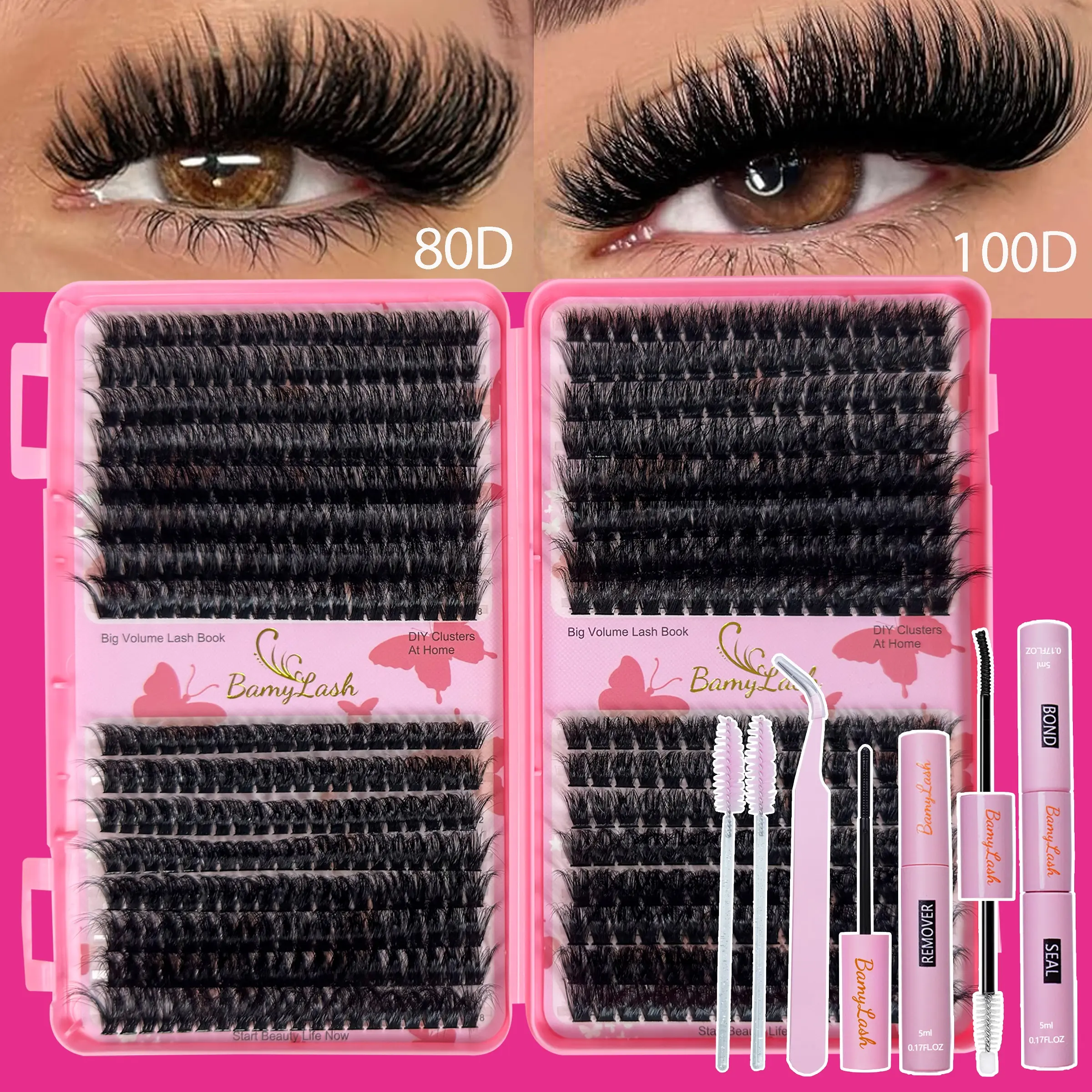 560 Pcs 80D & 100D Individual Cluster Lash Kit, Includes Tweezers, Bond, Seal, Remover & 2 Brushes, Mixed Styles & Lengths D Curl Cluster Lashes, Eyelashes Clusters, Home DIY Lash Extension for Women Makeup Tools