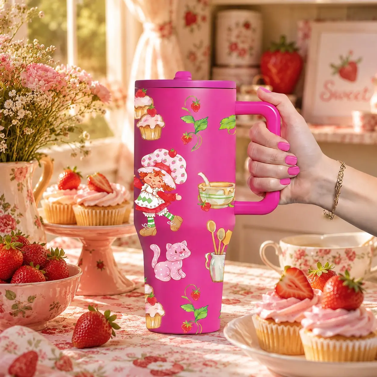 1 Pc 40oz Strawberry Dessert Insulated Mug, Pink Thermal Mug With Handle, Baking Cat Print, Double Wall, Leak Proof Lid, Keeps Hot 12 Hours Cold 24 Hours, Hot Cold Drinks Gift, Insulated Travel Cup, Insulated Water Cup