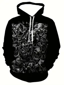 Men's Casual Hooded Sweatshirt, 3D Clown Graphic Design Pullover, Fitted Style for All Seasons, Streetwear Fashion, Funny Graphic Sweatshirt