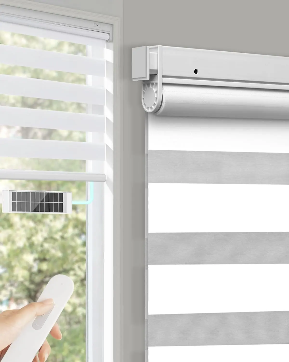 No Drill Motorized Zebra Blinds with Remote | Smart Electric Cordless Shades for Bedroom,Living room,Blackout Thermal Insulated Upgraded Shades(White,34" W x 72" H)