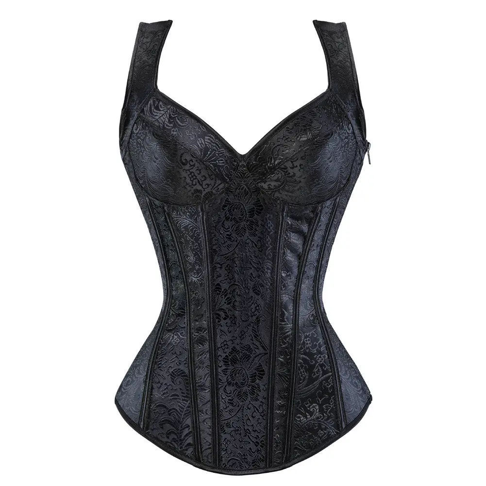 Vintage Embroidered Corset with Side Zipper and Bust Support Straps, Shapewear Bodysuit