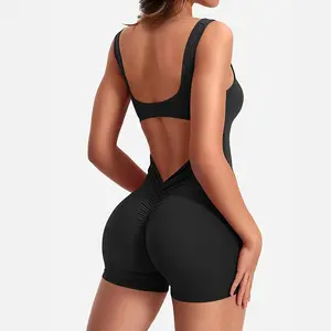 Women Strappy Backless Jumpsuits Sexy V Back Yoga Romper One Piece Workout Jumpsuit Shorts