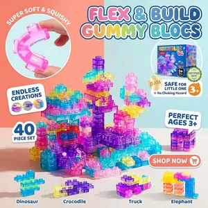 Gummy Bloc 40Pcs Squishy Building Blocks - Soft Sensory Toys for Kids, Stress Relief Fidget Jelly Blocks, Food Grade TPE Flexible DIY Construction Set, Perfect Birthday Gift for Boys & Girls 3+