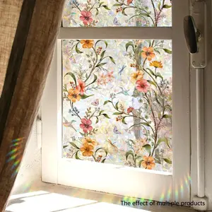 Floral Pattern Window Sticker - Removable Static-Cling Rainbow Window Decal, DIY Decorative Sticker Flower for Home Living Room & Bedroom, Privacy Protection & Sunlight Prism Effect