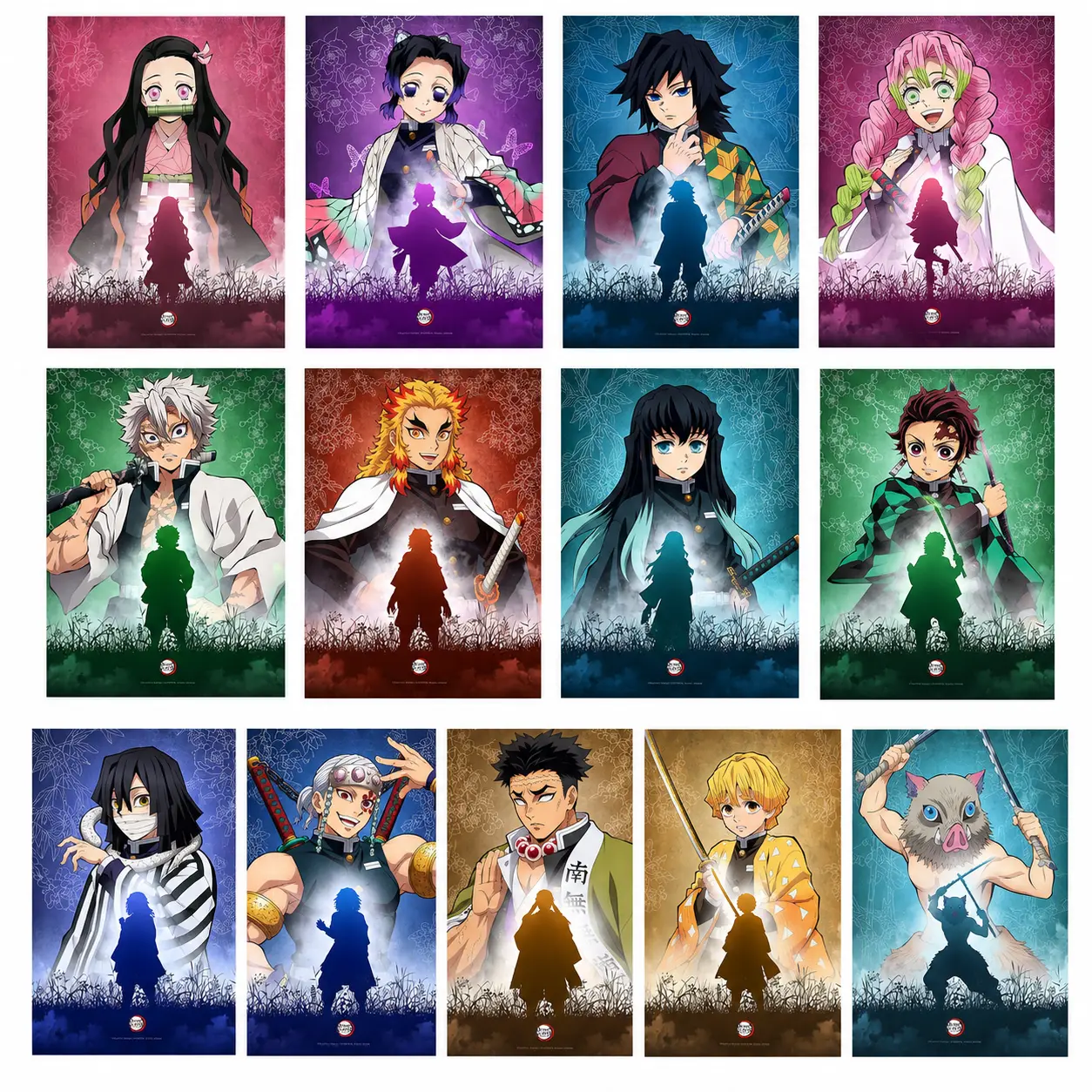 Demon Slayer Minimalist Poster - Kimetsu no Yaiba Colorful Character Artwork with Floral Backgrounds, Multi-Size 16×24inch(40×60cm) Canvas Wall Art for Anime Room, Tanjiro Nezuko Zenitsu Inosuke Hashira Japanese Aesthetic Decor, Anime Fan Gift