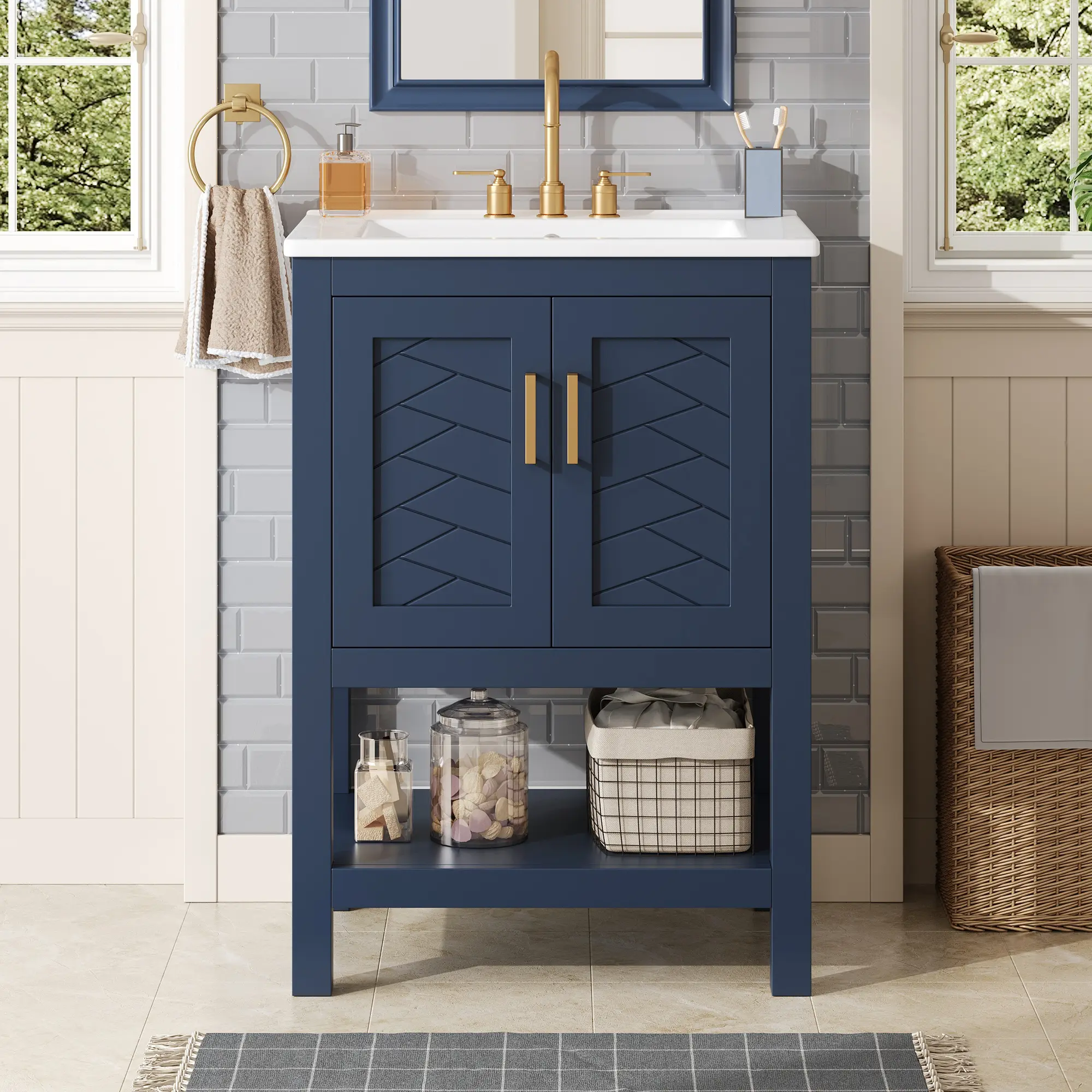 24-inch Bathroom Vanity in Blue with Twill Texture, Soft-Close Doors, and Adjustable Shelf – Modern Storage Cabinet with Open Back