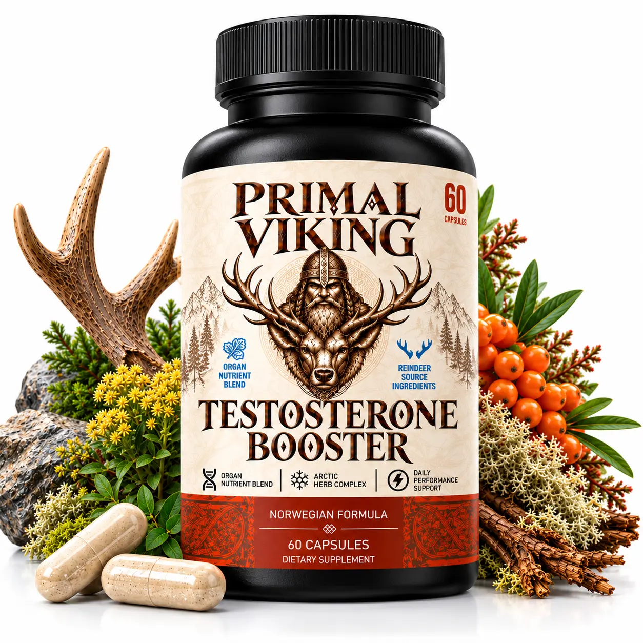 Primal Viking Ancestral Men's Wellness Capsules, Reindeer Organ Blend with Rhodiola, Sea Buckthorn & Nettle, Daily Vitality Support, 60 Capsules