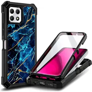 Designed for T-Mobile REVVL 7 5G Phone Case with [Built-in Screen Protector], Full-Body Shockproof Protective Rugged Bumper Cover Case for REVVL 7 (Marble Design Sapphire)