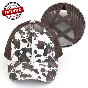 Criss-Cross Cow Print Solid Mesh Back Ponytail Cap for Women
