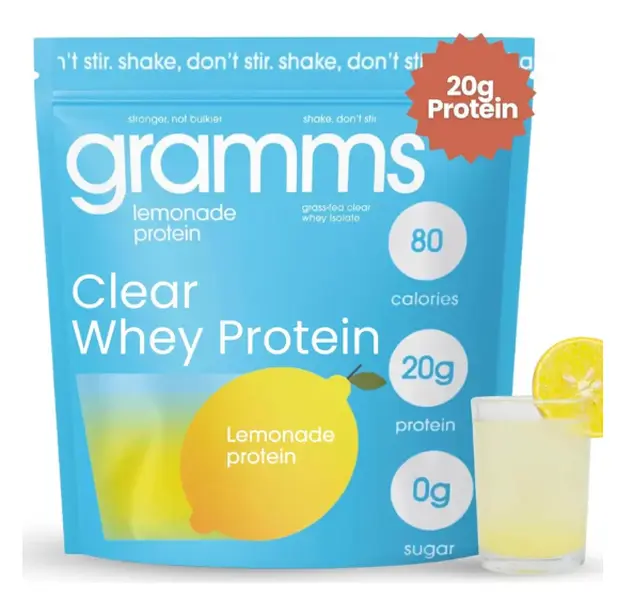 GRAMMS Clear Protein Powder 20G Protein for Women & Men -455g | Grass-Fed Whey Isolate, Zero Sugar, Zero Lactose, Non-Bloating, Non-GMO(18 Servings)(Lemonade)