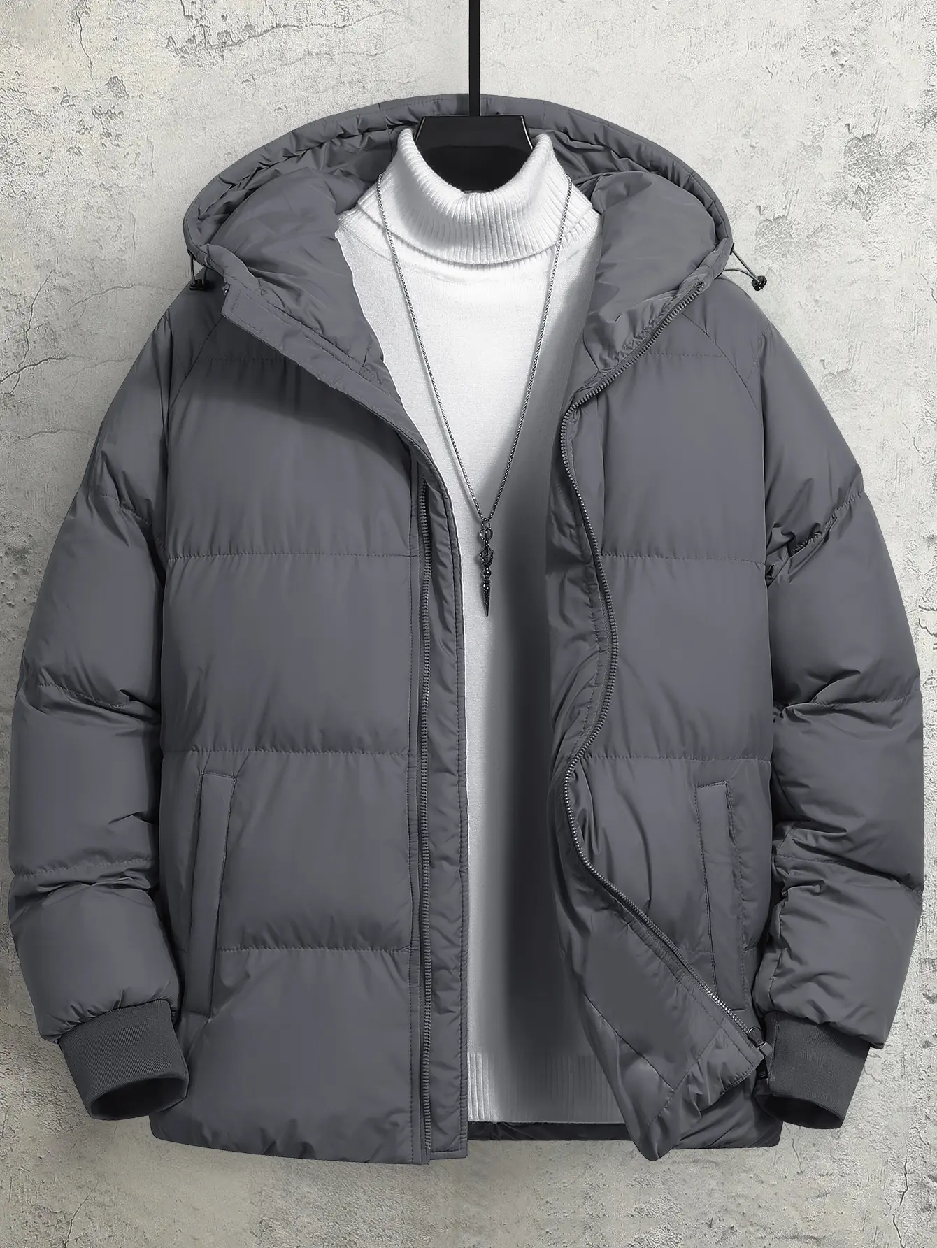 Men's Woven Cotton Hooded Puffy Jackets - Long-Sleeve, Zip-Up, Windproof, Loose Fit, Autumn Winter Warm Casual Street Style Tops with Pockets, M, Puffy Shape, Fashion