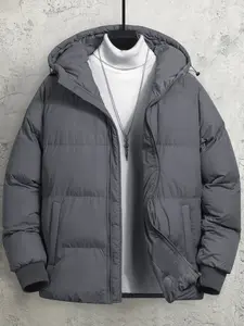 Men's Plain Solid Color Long Sleeve Hooded Cotton Jacket - Autumn Winter Warm, Stylish, Windproof, Loose Fit Puffy Zipper Coat with Pockets, Casual Street Style Menswear