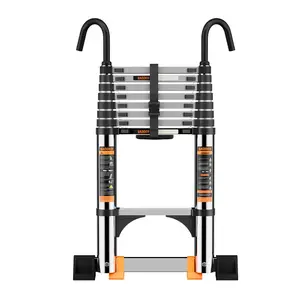 Telescopic Ladder Stainless Steel Thickened High-Strength foldable Ladder with Stabilizer Bar & Detachable Hooks Extendable Portable Folding Ladder for RV & Outdoor Work