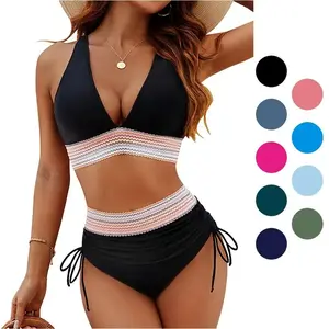 Women's 2-Piece Stylish High-Waisted Bikini Set, Tummy Control Tankini Swimsuit with Adjustable Wide Shoulder Straps, Color Block Drawstring Design, Standard Sizes, Bikinis,summervibes