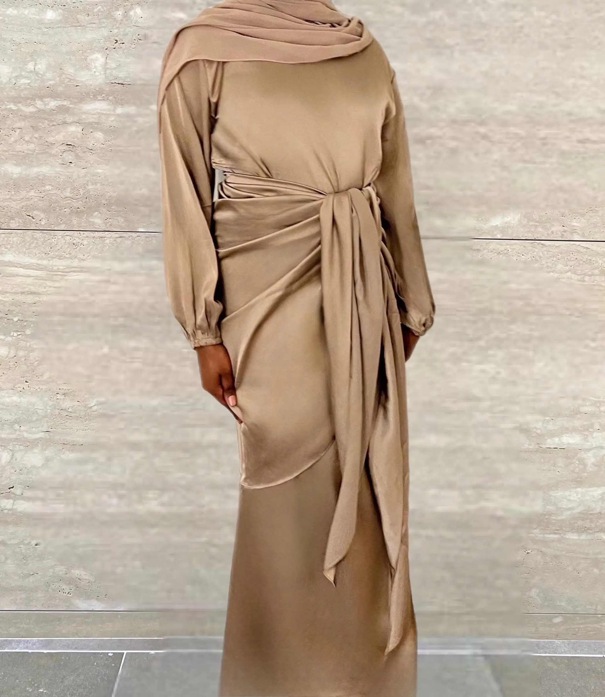 Salma 2 Piece Satin Wrap Dress - Khaki