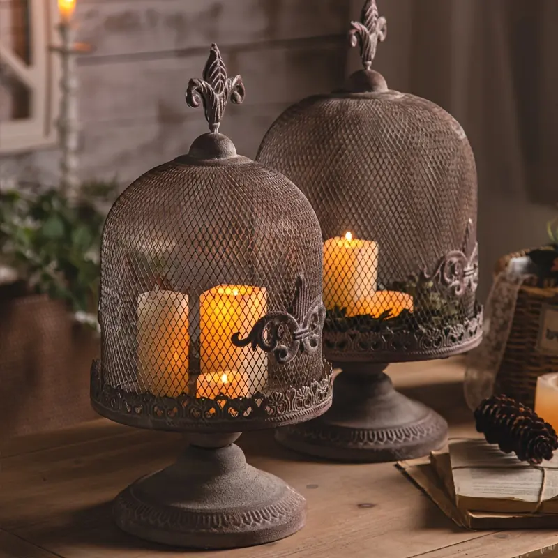 Vintage Weathered Grid Metal Lantern with Adjustable Stand - Rustic Charm Birdcage Candle Holder, Gothic Victorian Home Decor for Home Supplies, Kitchen, Garden & Party Use