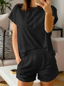 Women's Solid Color Basic Minimalist Tee & Shorts Set, Casual Short Sleeve T-shirt & Shorts, Ladies Summer Clothes, Loungewear
