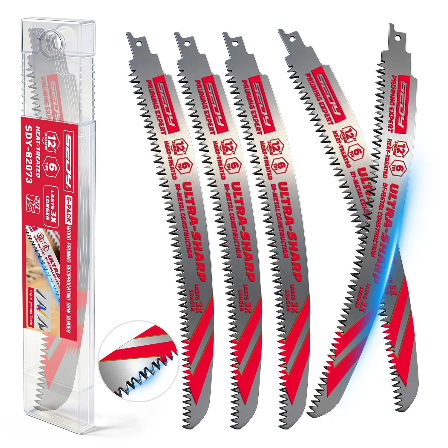 Japanese Teeth Reciprocating Saw Blades, 12 or 15 Inch, 6TPI Arc Edge Wood Pruning Saw Blades Set with Storage Box for Tree Trimming, Wood Cutting, 5 Pack High Quality Steel Tool