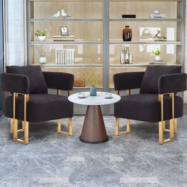 Black Gold Modern Accent Chairs Set of 2 - Wheel-Free Barrel Teddyt Upholstered Soft Reading Armchairs with Classic Durable Ergonomic Golden Metal Legs, Fire Safety Label, 24.41"d x 25.99"w x 26.77"h, 56.70 lbs, Assembly Required for Living Room, Office,