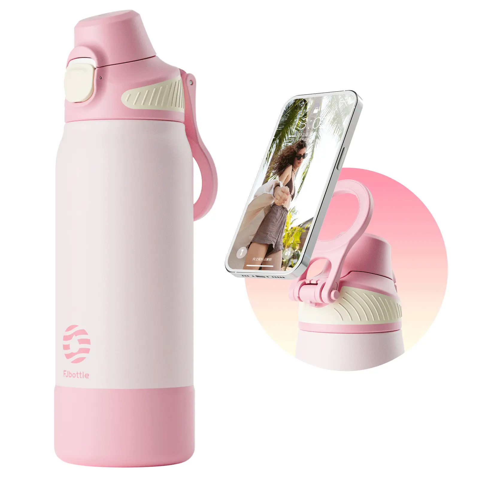 FJbottle Portable Insulated Vacuum Stainless Steel Water Tumbler with Magnetic Phone Holder, Pour Lid - Kitchen Drinkware for Gym, Daily Use, Insulated Vacuum Tumbler