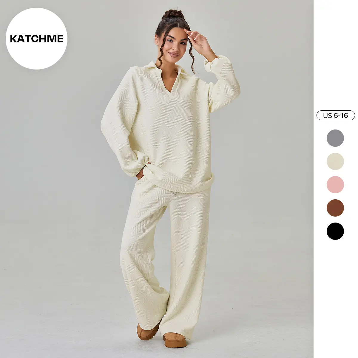 KatchMe Women's Slouchy Solid Color V-Neck Loose Textured Pullover & Drawstring Waist Trousers Co-ord Set & Separates, Minimalist Outfits, Casual Lounge Set