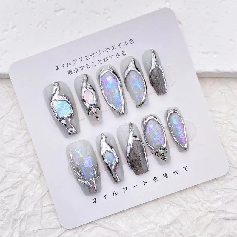 Glitter Metal Silver Press On Nails: Goth Punk Chrome Nail Design Nail Art Kit Nail Box sohochic