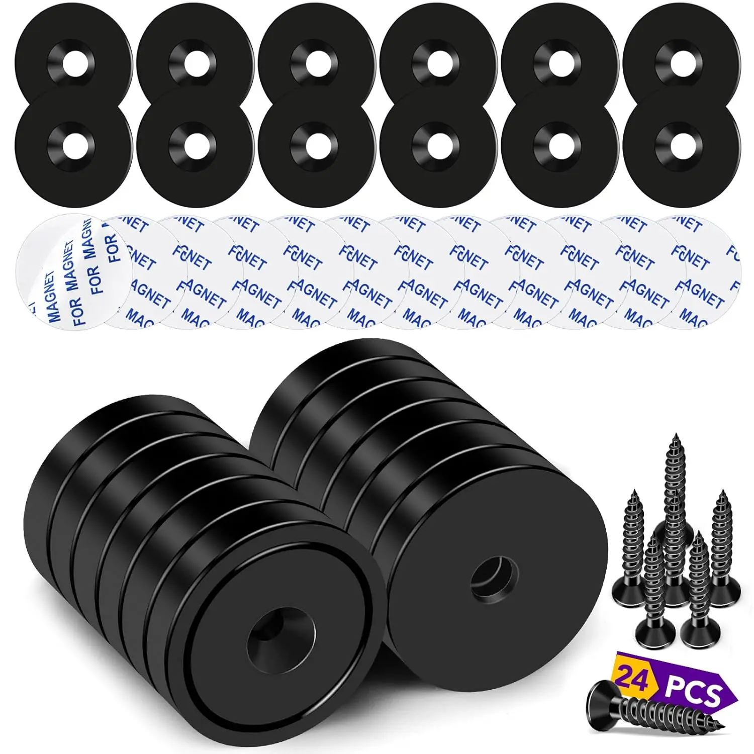 TRYMAG 12 Pack Black Rare Earth Neodymium Cup Magnets, 80Lbs Heavy Duty with Screw, Steel Pads, Adhesive Backing & Countersunk Hole, Home & Business Organizing Magnets for Lifting, Hanging, Wall Mounting
