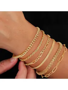 6 Pcs Classic Copper Chain Stacked Design Bracelets Set for Women Men Dainty 14K Gold Plated Stackable Bracelet Cuban Link Figaro Rope Chain Bracelet Trend Jewelry Fashion Bracelets Christmas Gift