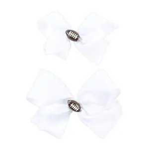 Football Charm Moonstitch Hair Bow - Girls White Grosgrain Ribbon Hair Accessory
