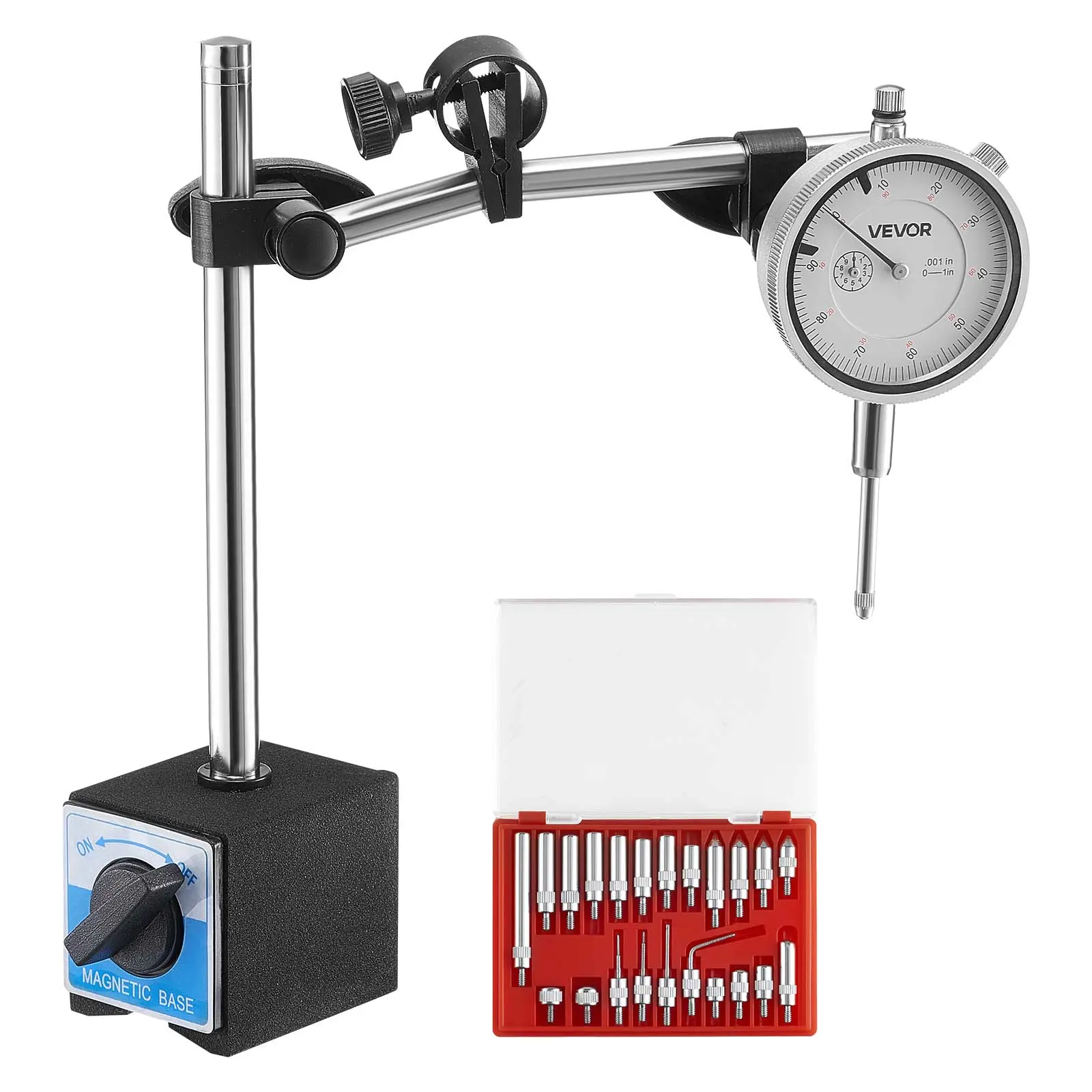 VEVOR Dial Test Indicator with 2.4 inch Dial, Dual Rod Stand, Storage Case, 0.001 in Accuracy, 0-1 in Range, Fine-Adjustable Long Arm, Non-Magnetic Centering Rods for Lathes, Effortless Setup, Narrow Area Measurement, Milling Machines, Industrial Lines