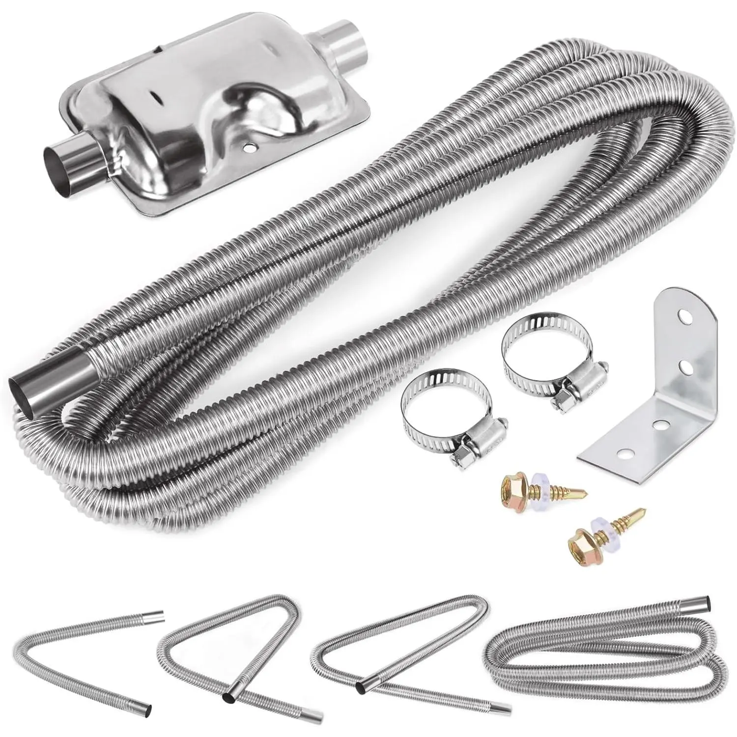 8 count 1" x 118" - 25mm x 300cm Stainless Steel Diesel Heater Exhaust Pipe and Exhaust Silencer Muffler with 18mm-29mm Hose Clamps Kit,  Tank Diesel Gas Vent Hose Exhaust Tubing for Car