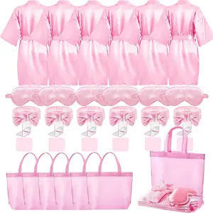 24 Pcs Bridesmaid Robes Set for Wedding Party, 6 Pack Silk Satin Kimono Robes with Sleep Eye Masks, Spa Headbands, and Tote Bags, Svg Party Favors Bridal Shower Gift Supplies