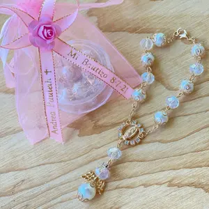12pcs Recuerdos para Bautizo Baptism Favors Personalized Rosary Bracelet with Pink Ribbon & Custom Name Tag Mi Bautizo 87-21