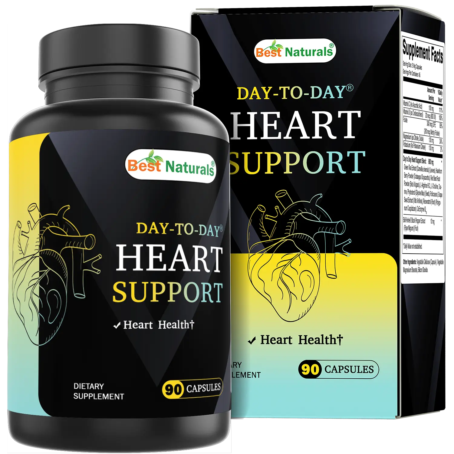 Best Naturals Day-to-Day Heart Health Support with Folate, Green Tea, Hawthorn, Beet Root, L-Arginine, L-Citrulline, Phytosterol, Resveratrol, CoQ10 90 Veg Capsules