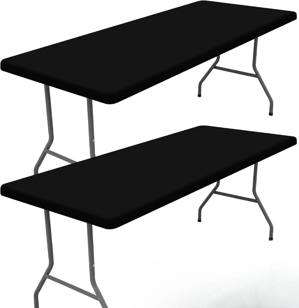 2-Pack Black Polyester Spandex Stretch Fitted Table Cover, 30"x72" Elastic Edges Washable Tablecloth for 6FT Rectangle Outdoor Tables, Long-Lasting Elegance for Parties, Banquets Table Cover Protector Portable Tablecloth