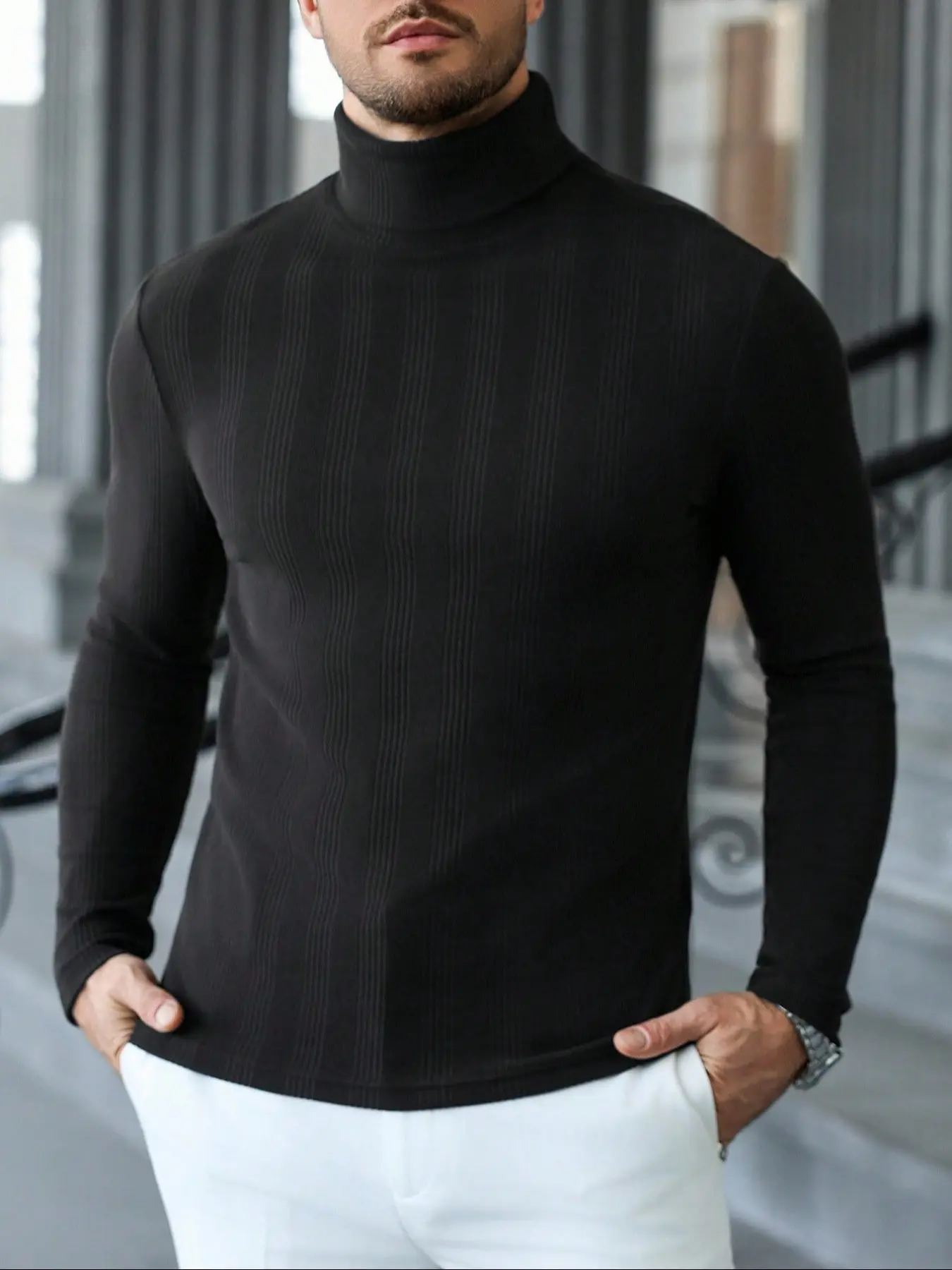 Men's Long Sleeve Knitted High Neck Pullover, Slim Fit Casual Solid Color Underwear, Perfect for Autumn Winter Street Style, Knitted Ribbed Turtleneck, Knitwear